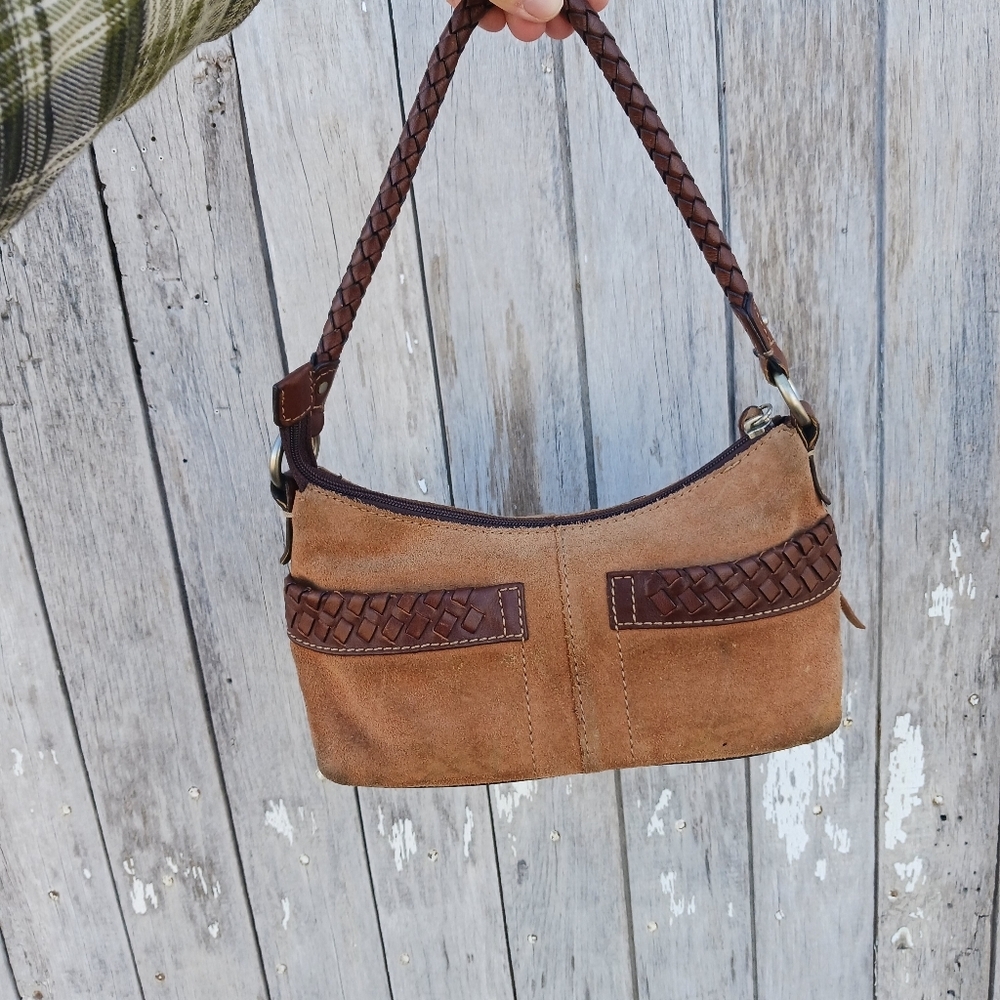 Vtg 395 Fossil Hobo Handbag Bag‎ Suede and Braided Leather Tassle Y2K - Picture 4 of 16